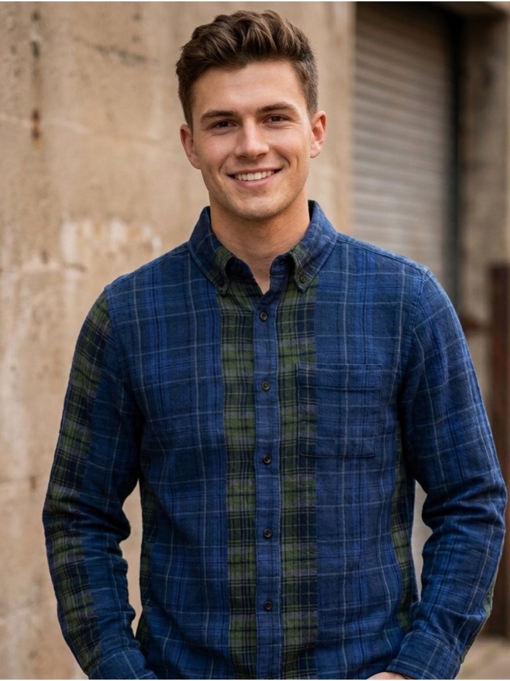 Blue and Green Plaid Men's Shirt Houston white size S